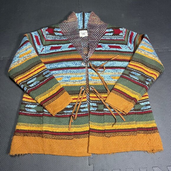 Cotton & Rye Jackets & Blazers - Cotton & Rye Multicolor Striped Knit Cardigan With Fringe Hem & Tie Closure XL